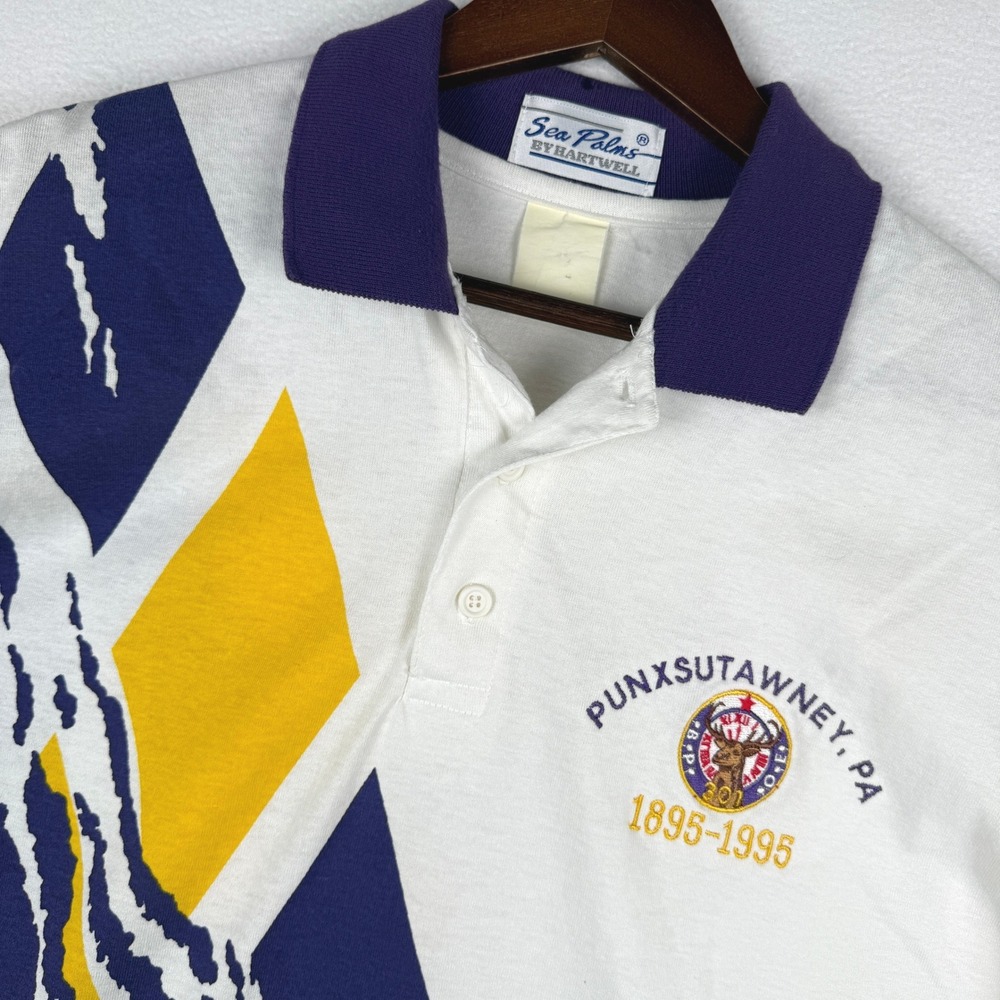 Vtg Sea Palms Polo Shirt Mens XL Purple Yellow Geometric Punxsutawney PA 90s